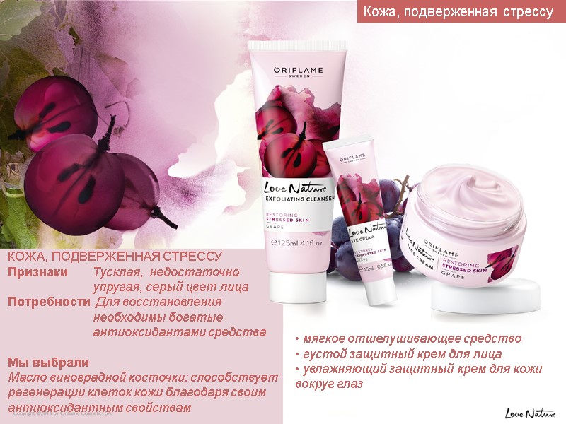 КОЖА, ПОДВЕРЖЕННАЯ СТРЕССУ Признаки Тусклая,  недостаточно     упругая, серый цвет